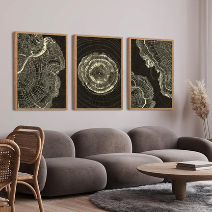 IARTTOP Tree Ring Canvas Wall Art Large Framed 24x36 Inch Black Modern Abstract Wall Decor Neutral Minimalist Wood Spiral Wall Painting for Living room Bedroom Office Set of 3