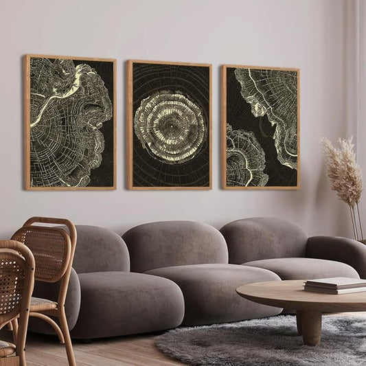 IARTTOP Tree Ring Canvas Wall Art Large Framed 24x36 Inch Black Modern Abstract Wall Decor Neutral Minimalist Wood Spiral Wall Painting for Living room Bedroom Office Set of 3