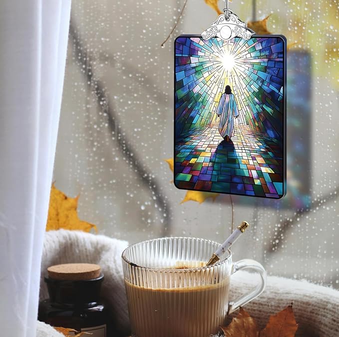 Jesus Walking to Light Stained Glass Ornament, Religious Christmas Tree Hanging Decoration for Gift Exchange or Stocking Stuffer, 3.8 x 2.4 Inch