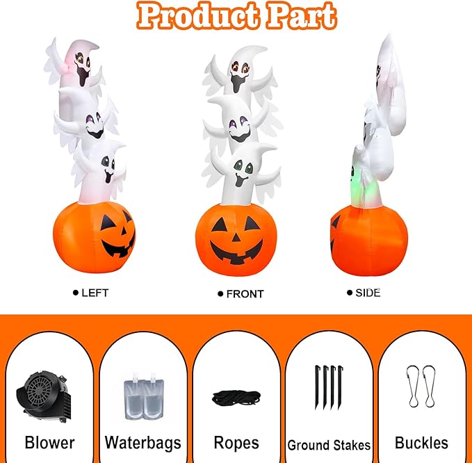 10.3FT Halloween Inflatable Overlap Ghost Decoration, Three Blow up Ghosts Jumped Out of Halloween Pumpkin Built-in Colorful LED for Halloween Inflatables Outdoor Decoration Party Yard Decor