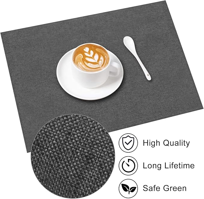 Cloth Placemats Set of 6, Cotton Linen Blend Machine Washable Durable Linen Table Mats, Heat Resistant Placemats Wrinkle Free Place Mats for Dining Table, Easy to Clean (Dark Grey, 6)