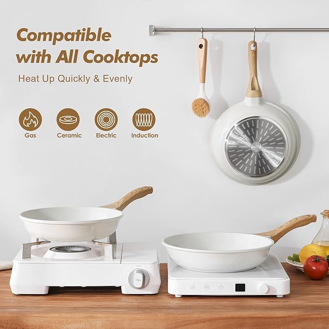 SENSARTE Nonstick Frying Pan Skillets, White Ceramic Coating Omelette Pans, Healthy Cookware Chef's Pan, PTFE & PFAS Free (8+9.5+11 Inch)