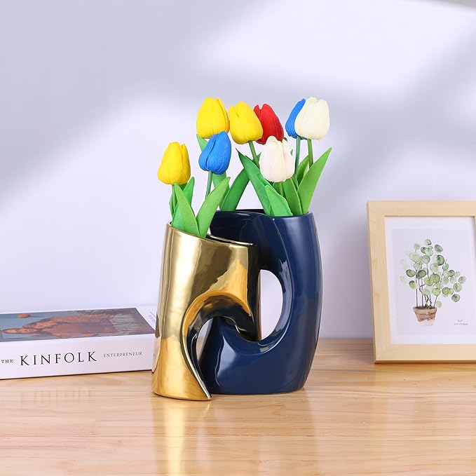 Blue and Gold Vase Set of 2, Nordic Modern Ins Style Vases, Boho Ceramic Vases for Centerpieces, Mid Century Abstract Donut Vase, Unique Funky Vase for Wedding, Decorative Pampas Grass Vase Decor