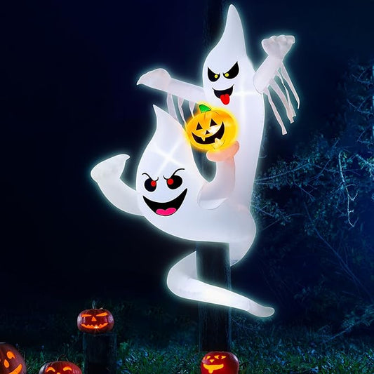 7FT Halloween Inflatables Decoration Outdoor Large Ghost Twining Around Tree with Build-in LED Lights, Halloween Blow Up Yard Decorations, Cute Halloween Decor for Party Garden Lawn Indoor