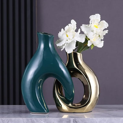 Ceramic Decorative Vases 2 Piece Set, Bohemian Style Openwork Green and Gold Decorative Vases, Home Decor Aesthetics for Kitchen Cabinets, Office, Bedroom, Dresser, Entryway Table Decor.
