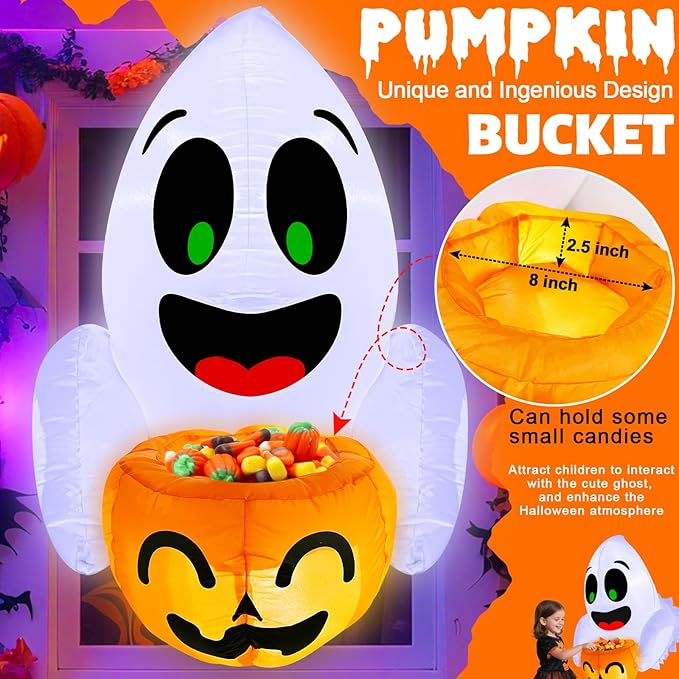 TURNMEON 3.5 Ft Halloween Inflatable Ghost Holding Candy Bucket Broke Out from Window Outdoor Halloween Decorations Blow Up with Build-in LED Lights for Party Indoor Outside Home Yard Garden Decor