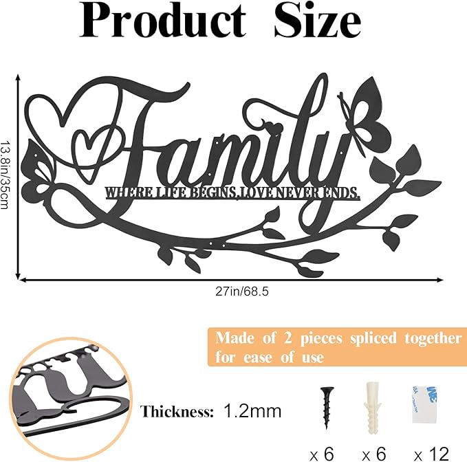 Family Where Life Begins Love Never Ends Word Sign Metal Wall Decor, 27x14in Large Black Iron Wall Art Plaque Decorations, Letters Quotes Wall Hanging Décor for Living Room Bedroom