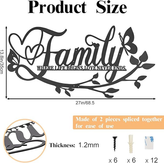 Family Where Life Begins Love Never Ends Word Sign Metal Wall Decor, 27x14in Large Black Iron Wall Art Plaque Decorations, Letters Quotes Wall Hanging Décor for Living Room Bedroom