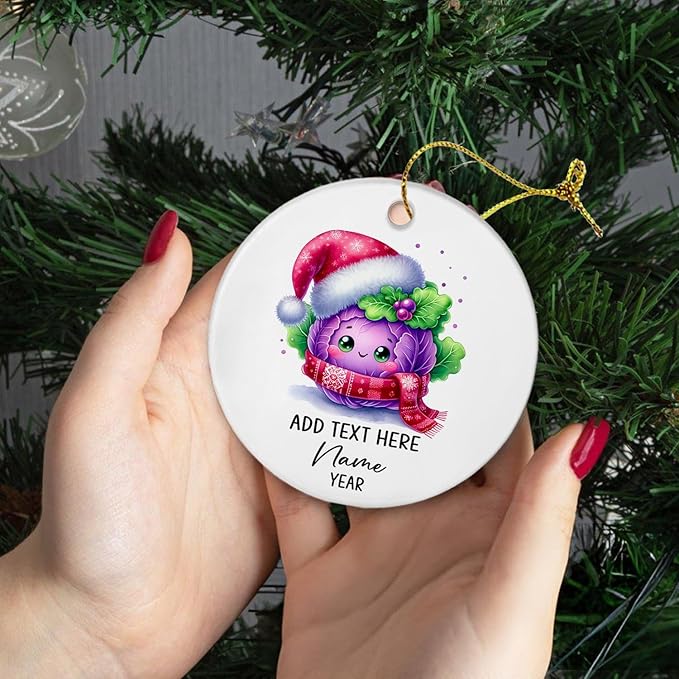 Customized Purple Cabbage Ceramic Ornament With Name Xmas 2025, Christmas Tree Hanging, Personalized Add Text Christmas Decor Gifts for Family