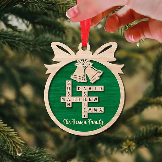 Custom Family Crossword Ornament, Personalized Wooden Christmas Decoration