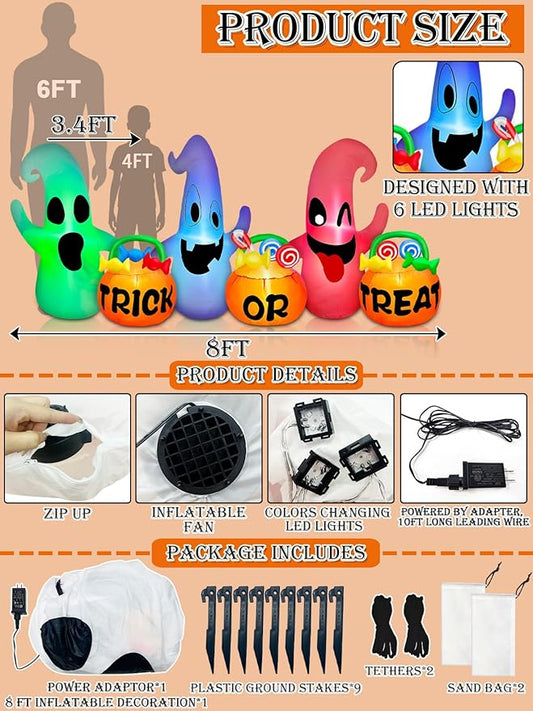 [ 3 Colors Changing Light ] TURNMEON 8 Ft Long Halloween Inflatables Three Ghosts with Pumpkin Candy Bags Halloween Decorations Outdoor Build-in LED Light Blow Up Halloween Decor Yard Party Garden