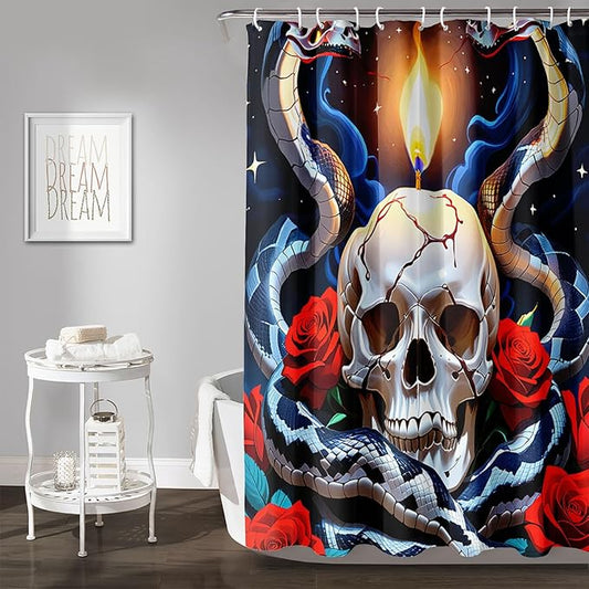AILONEN Skull Shower Curtain for Bathroom,Red Rose Terror Snake Skull Bath Curtain,Goth Skull Skeleton Print Waterproof Curtain with 12 Plastic Hooks, 60" W*72" H