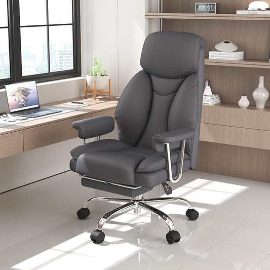 Big and Tall Office Chair, Ergonomic Leather High Back Executive Computer Desk Chair with Retractable Footrest and Padded Arms, 360°Swivel Free, 90-135°Reclining, 500lbs Wide Seat, Gray