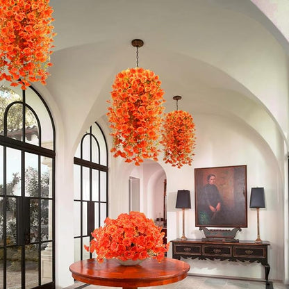 Artificial Fall Flowers for Outdoors Fake Hanging Decoration, 6Pcs Orange Autumn Decor, Realistic Artificial Fall Plants, UV & Fading Resistant Silk Flower for Porch Patio Balcony Planter Yard (Fall)