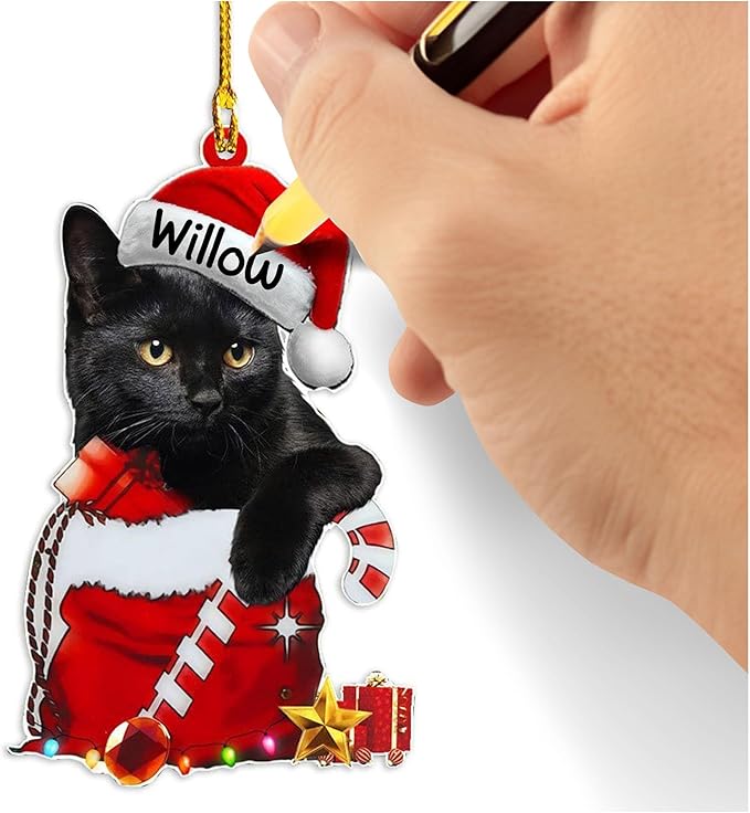 Black Cat Christmas Ornament 2025 – Cute Cat in Santa Hat & Candy Cane – Funny Holiday Tree Decoration for Kitten Lovers, Pet Memorial Keepsake, Xmas Gift for Friends & Family