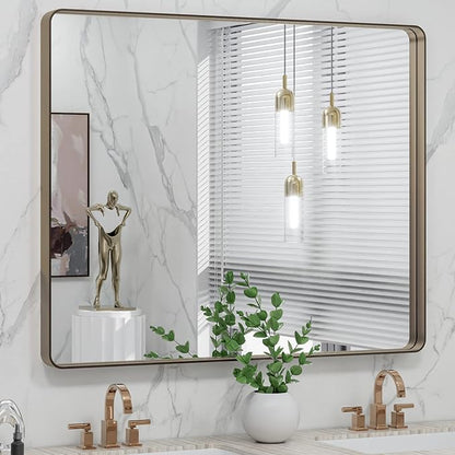 LOAAO 40”X32” Bronze Bathroom Mirrors for Vanity, Rounded Rectangle Brushed Bronze Metal Frame Mirror, Anti-Rust, Tempered Glass, Hangs Horizontally or Vertically