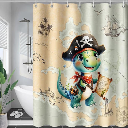 AILONEN Cute Dinosaur Shower Curtain,Ocean Map Nautical Pirate Dinosaur Bath Curtain,Boys Exploring Captain Dinosaur Decoration Kids Curtain with 12 Plastic Hooks,Waterproof 48" W*72" H
