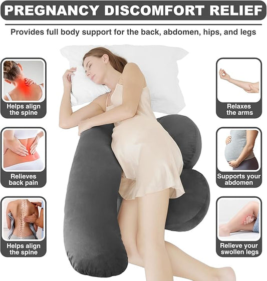 Pregnancy Pillow for Sleeping, Maternity Pillow, Velvet Cover Maternity Pillow Support for Back, Legs, Belly, HIPS Grey Large