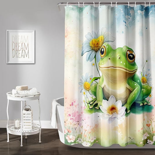 AILONEN Cartoon Frog Shower Curtain Set for Bathroom,Green Frog Bath Curtain,Amphibian Animal Shower Curtain,Tie Dye Flowers Waterproof Fabric Shower Curtain with Hooks,72" W*78" H