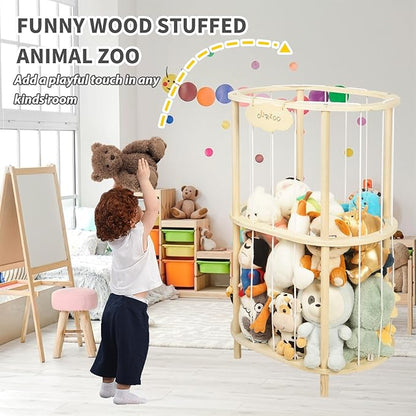 Extra Large Wooden Stuffed Animal Holder Zoo Storage Soft Toy Organizer Nursery Zoo Cage Plush Stuffed Toy Cage Kids Playroom Bedroom Decor Display Corner Ellipsoid