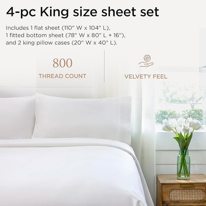 Threadmill Luxury 800 Thread Count King 100% Cotton Sheets - Hotel White Sateen Weave Bed-Sheets, Better Than Egyptian Cotton, 4 Pc Solid Soft Bed Set, Fits 16" Deep Pocket