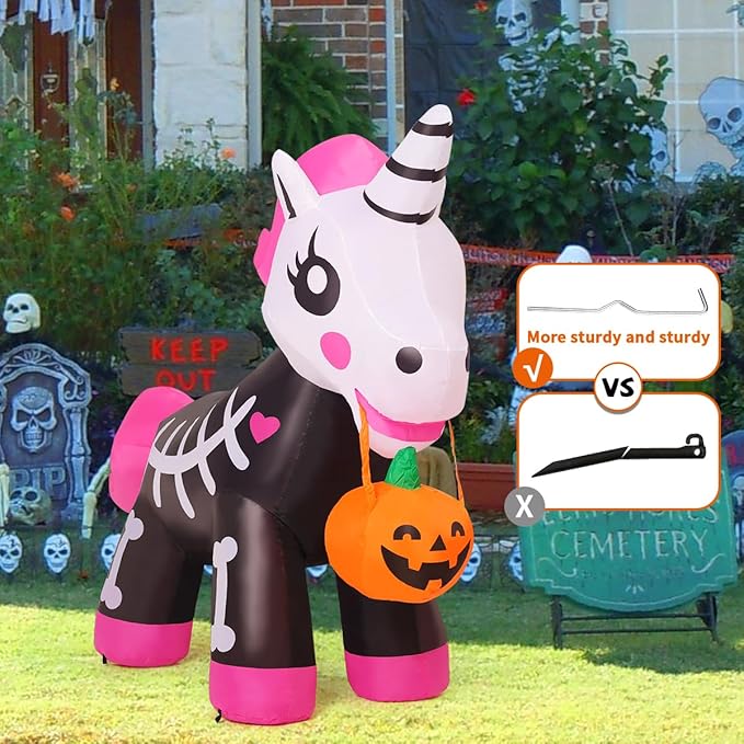 COMIN 5 FT Halloween Inflatables Skeleton Unicorn Outdoor Decorations Blow Up Yard Pink Cute with Built-in LEDs for Indoor Party Garden Lawn Decor