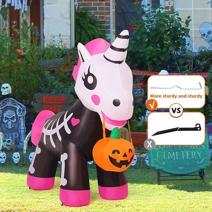 COMIN 5 FT Halloween Inflatables Skeleton Unicorn Outdoor Decorations Blow Up Yard Pink Cute with Built-in LEDs for Indoor Party Garden Lawn Decor