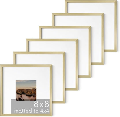 HAUS AND HUES 8x8 Gold Metal Picture Frames Matted to 4x4 - Features Premium Aluminum & Hanging Hardware, Shatterproof Plexiglass - Ideal for Home, Room, Office (8x8 in, Gold, Set of 6)