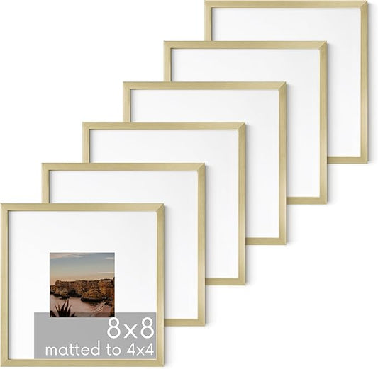 HAUS AND HUES 8x8 Gold Metal Picture Frames Matted to 4x4 - Features Premium Aluminum & Hanging Hardware, Shatterproof Plexiglass - Ideal for Home, Room, Office (8x8 in, Gold, Set of 6)