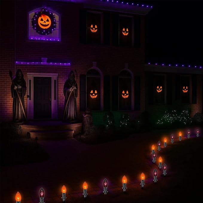 Halloween Pathway Lights Outdoor,10 Pack Halloween Party Decor Stake Lights with C9 Clear Black&Orange Bulbs,19.5Ft Extendable Waterproof Walkway Lights for Yard Porch Lawn Garden