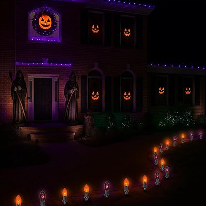 Halloween Pathway Lights Outdoor,10 Pack Halloween Party Decor Stake Lights with C9 Clear Black&Orange Bulbs,19.5Ft Extendable Waterproof Walkway Lights for Yard Porch Lawn Garden