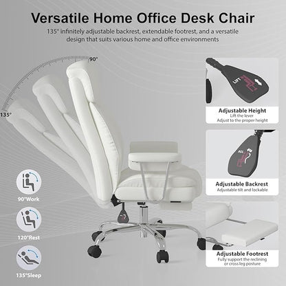 Big and Tall Office Chair, Ergonomic Leather High Back Executive Computer Desk Chair with Retractable Footrest and Padded Arms, 360°Swivel Free, 90-135°Reclining, 500lbs Wide Seat, White