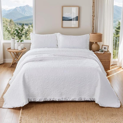 Brandream White Quilt Set Queen Size Cotton Shabby Chic Luxury Ruffle Bedspread Matelasse Coverlet Set 3-Piece