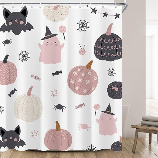 Cute Halloween Shower Curtain 60"X72" Ghost Pumpkin Spooky Funny Girls Shower Curtain Set for Bathroom Kids Cartoon Lovely Waterproof Bathtub Curtain Decor Bat Bathroom Curtain with 12 Hooks
