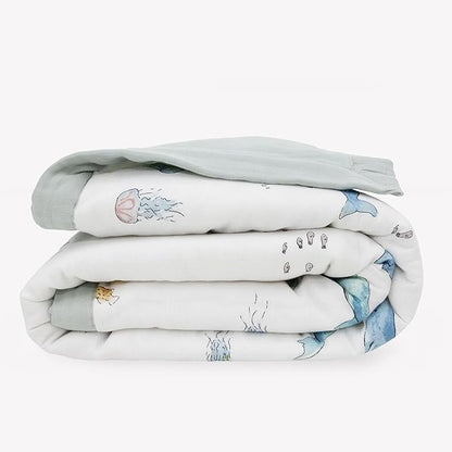 Little Unicorn Lofty Comforter Blanket | Super Soft & Breathable Muslin Fabric| Great for Play & Bedtime Blanket (Whales)