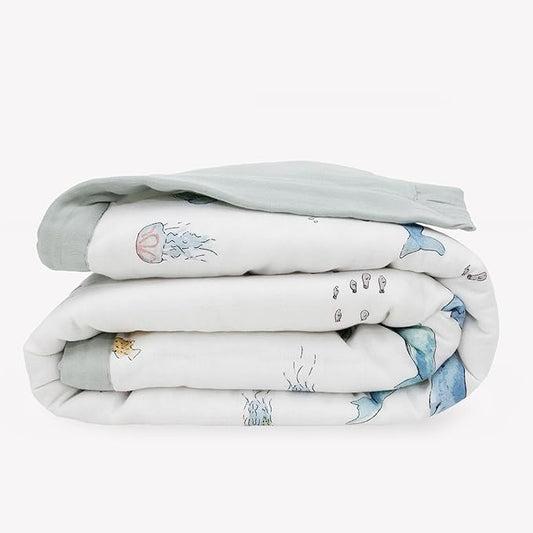 Little Unicorn Lofty Comforter Blanket | Super Soft & Breathable Muslin Fabric| Great for Play & Bedtime Blanket (Whales)