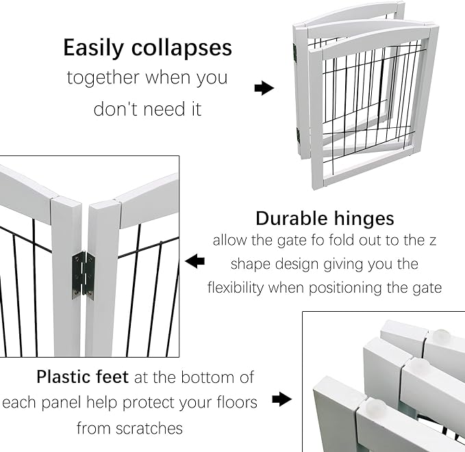 ZJSF Freestanding Foldable Dog Gate - Extra Wide White Puppy Gate for Stairs & Doorways - Tall 4 Panels Wooden Pet Fence