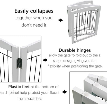 ZJSF Freestanding Foldable Dog Gate - Extra Wide White Puppy Gate for Stairs & Doorways - Tall 4 Panels Wooden Pet Fence