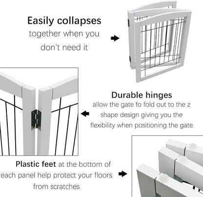 ZJSF Freestanding Foldable Dog Gate for House Extra Wide Wooden White Indoor Puppy Gate Stairs Dog Gates Doorways Tall Pet Gate 4 Panels Fence