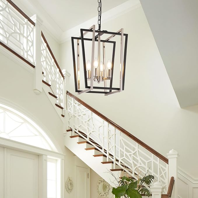 4-Light Silver Chandelier, Farmhouse Lantern Pendant Lighting Fixtures, Industrial Ceiling Light, Adjustable Height Rustic Geometric Hanging Chandelier for Kitchen Island,Entryway,Foyer,E12 Socket