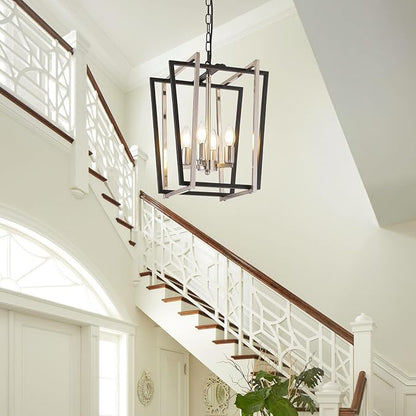 4-Light Silver Chandelier, Farmhouse Lantern Pendant Lighting Fixtures, Industrial Ceiling Light, Adjustable Height Rustic Geometric Hanging Chandelier for Kitchen Island,Entryway,Foyer,E12 Socket