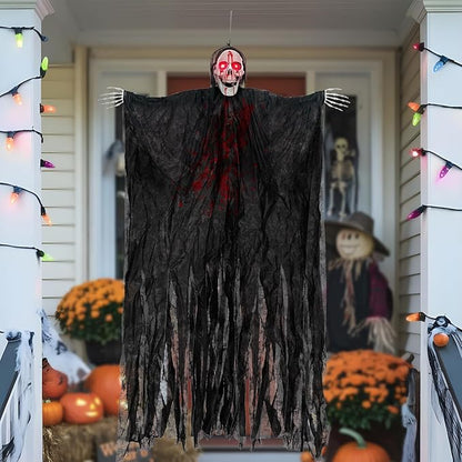 Halloween Decorations Outdoor and Indoor,67" Scary Hanging Ghosts,Halloween Grim Reaper Skeleton with Light-Up Eyes and Creepy Sound,Party Decorations for Yard,Haunted House Decor