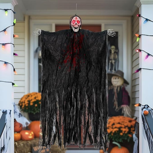 Halloween Decorations Outdoor and Indoor,67" Scary Hanging Ghosts,Halloween Grim Reaper Skeleton with Light-Up Eyes and Creepy Sound,Party Decorations for Yard,Haunted House Decor