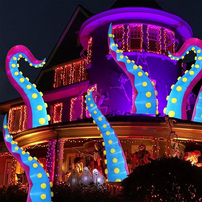 Juegoal 1 PCS Halloween Decorations 11.5FT Tall Inflatable Lighted Giant Octopus Tentacle, Octopus Legs with Lights, Halloween Front Door Window Roof Prop, Outdoor Holiday Blow up Decor - Mold B