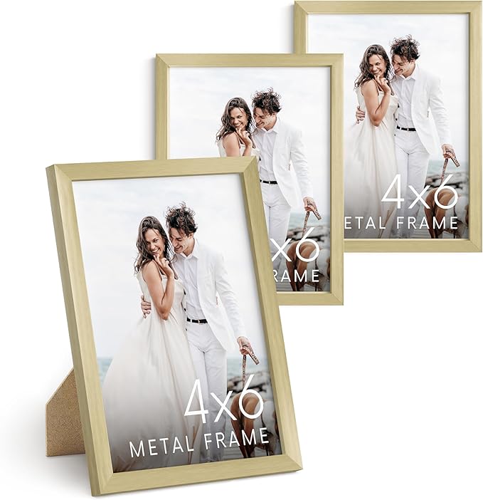 HAUS AND HUES 4x6 Gold Metal Picture Frames - 4X6 Photo Frames - Features Premium Aluminum, Vertical Hanging, Easel Back for Tabletop, Home, Office (4x6 in, Gold, Set of 3)