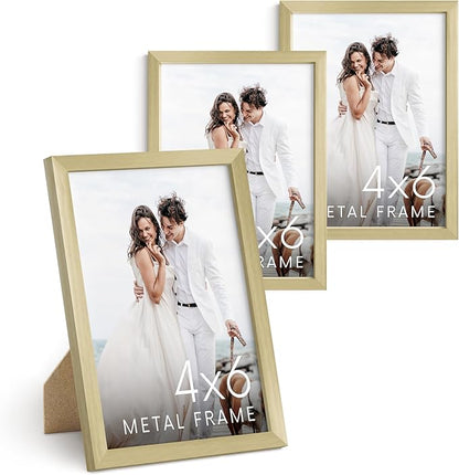 HAUS AND HUES 4x6 Gold Metal Picture Frames - 4X6 Photo Frames - Features Premium Aluminum, Vertical Hanging, Easel Back for Tabletop, Home, Office (4x6 in, Gold, Set of 3)