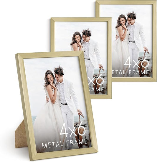 HAUS AND HUES 4x6 Gold Metal Picture Frames - 4X6 Photo Frames - Features Premium Aluminum, Vertical Hanging, Easel Back for Tabletop, Home, Office (4x6 in, Gold, Set of 3)