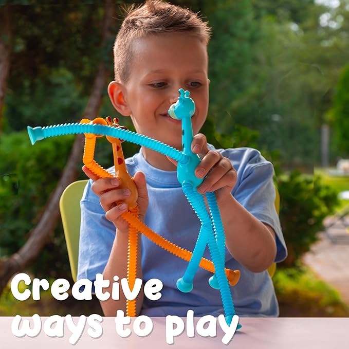 Boxgear 4 Pieces LED Telescopic Suction Cup Giraffe Toy, Shape Changing Telescopic Tube Fidget Toys, Pop Tubes, Fidget Tubes Sensory Toys for Girls Boys (Giraffe)