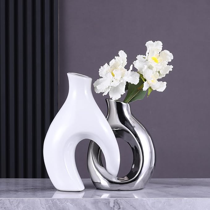 Ceramic Decorative Vases 2 Piece Set, Bohemian Style Openwork White and Silver Decorative Vases, Home Decor Aesthetics for Kitchen Cabinets, Office, Bedroom, Dresser, Entryway Table Decor.