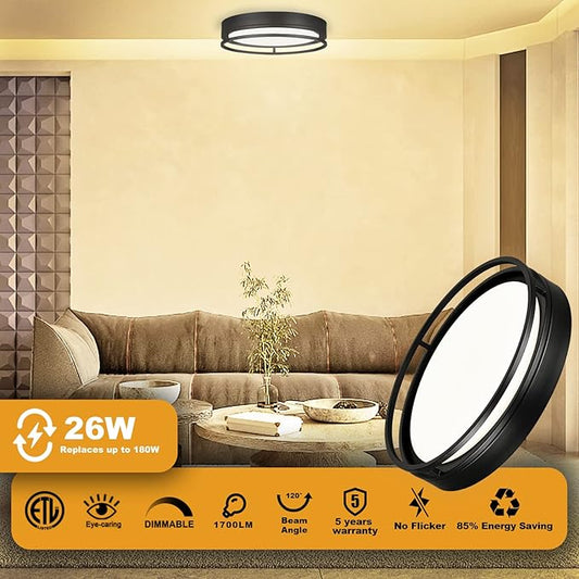 12.5 Inch LED Flush Mount Ceiling Light Fixture, 26W, Super Bright 1700 Lumens, 3 Color 3000K/4000K/5000K, Dimmable Ceiling Lamp for Bedroom Hallway Bathroom Kitchen Laundry (Black)